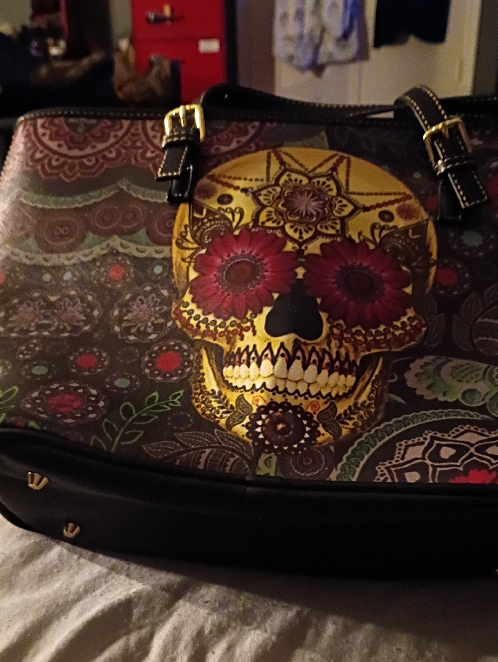 Source Unknown Yellow Sugar Skull Tote with Red Floral Eyes